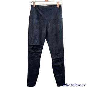 Lysse Black Slit Knee Leggings Shiny Faux Texture XS